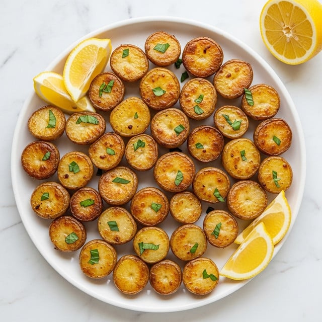 A round white plate filled with a single layer of small roasted potato halves, their skins browned and crispy while the insides are golden and soft. Scattered bright green herb leaves add a fresh touch on top, and three lemon wedges rest on the edges of the plate, adding vibrant yellow color contrast. The plate is placed on a white marbled surface with a whole lemon nearby, completing the clean and simple presentation. photo taken with an iphone --ar 4:5 --v 7