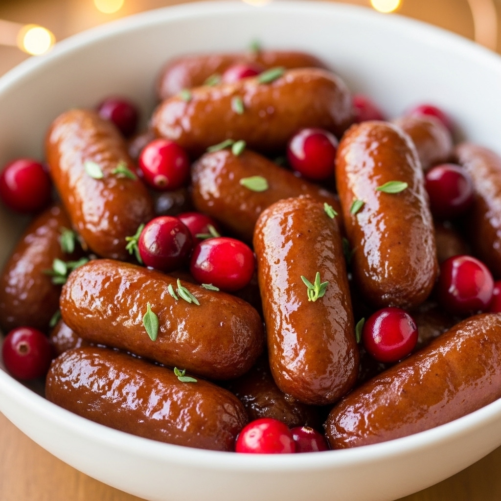 This close-up image shows a bowl filled with glossy, glazed small sausages that have a rich brown color and a shiny texture from the sauce. Scattered throughout the sausages are bright red fresh cranberries that add a pop of color and contrast. Small green herb leaves, likely thyme, are sprinkled on top, adding a fresh, vibrant touch. The bowl is white and round, placed on a wooden surface with soft warm lights blurred in the background. The overall look is glossy and colorful, with a mix of smooth and tiny textured details. photo taken with an iphone --ar 4:5 --v 7