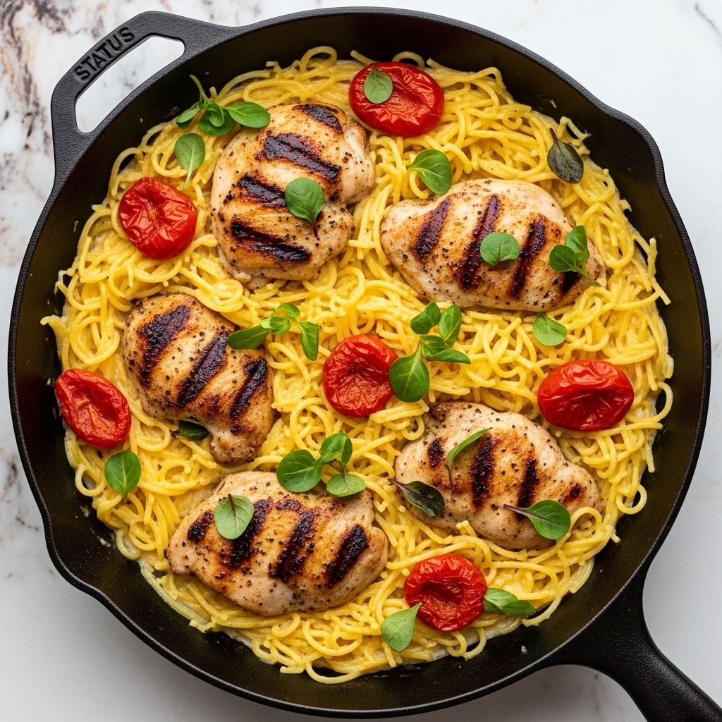 The image shows a black cast iron pan filled with a creamy pasta dish made of yellow spaghetti-like strands, with grilled chicken pieces that are golden brown and slightly charred. Bright red roasted tomatoes and small green leafy herbs are scattered throughout the dish, adding vibrant color contrast. The creamy sauce coats the pasta and chicken, giving a rich texture to the whole dish. The pan is set on a white marbled surface with a rustic feel. photo taken with an iphone --ar 4:5 --v 7