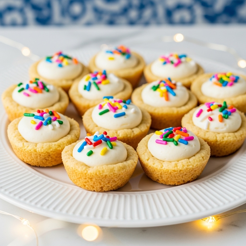 There are eleven small cookie cups arranged on a white plate with ridged edges. Each cookie cup is golden brown, with a soft, slightly crumbly texture forming a round, hollow base and sides. Inside each cup is a smooth, creamy white frosting dollop, about one layer thick, topped with colorful round and rod-shaped sprinkles in bright colors like red, blue, green, yellow, orange, pink, and purple. The plate sits on a white marbled surface, with soft warm lights blurred in the foreground and a blue patterned background out of focus. photo taken with an iphone --ar 4:5 --v 7