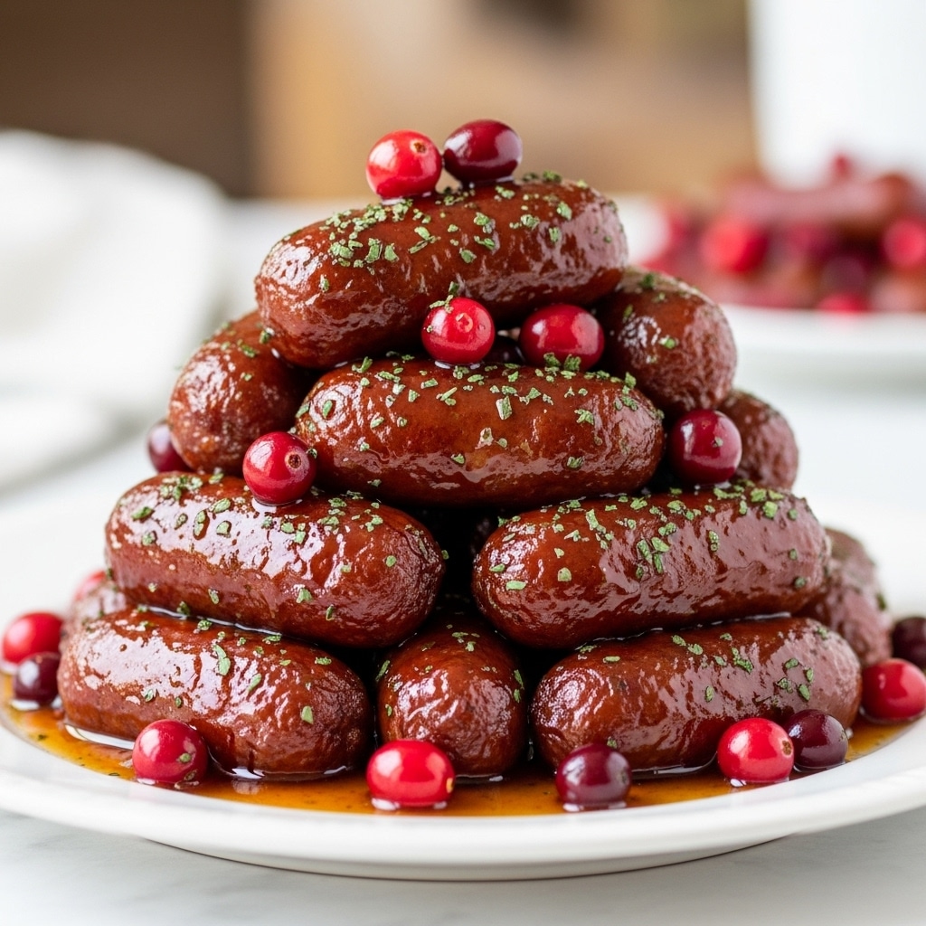 A white plate piled high with glossy, dark brown glazed sausages, each coated in a shiny, sticky sauce with small bits of green herbs sprinkled over them. Bright red whole cranberries are mixed in and on top of the sausage mound, adding pops of vibrant color. The sauce pools slightly at the base, reflecting light and giving a delicious, juicy look. The background shows a soft, blurred setting with warm tones, all placed on a white marbled surface. photo taken with an iphone --ar 4:5 --v 7