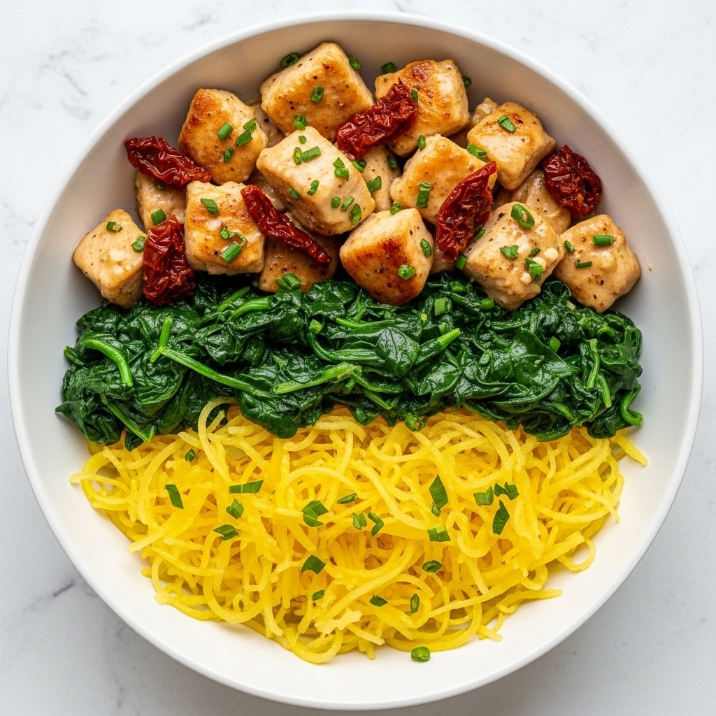 The dish is served in a white bowl filled with about three layers. The bottom layer is a tangled nest of bright yellow spaghetti squash strands with a slightly glossy texture. On top of this sits a rich layer of cooked spinach, dark green with a soft, wilted look, mixed evenly throughout. The top layer contains chunks of golden-brown cooked chicken, coated in a light sauce, scattered with pieces of deep red sun-dried tomatoes and sprinkled green herbs. The bowl is set on a white marbled texture surface. Photo taken with an iphone --ar 4:5 --v 7
