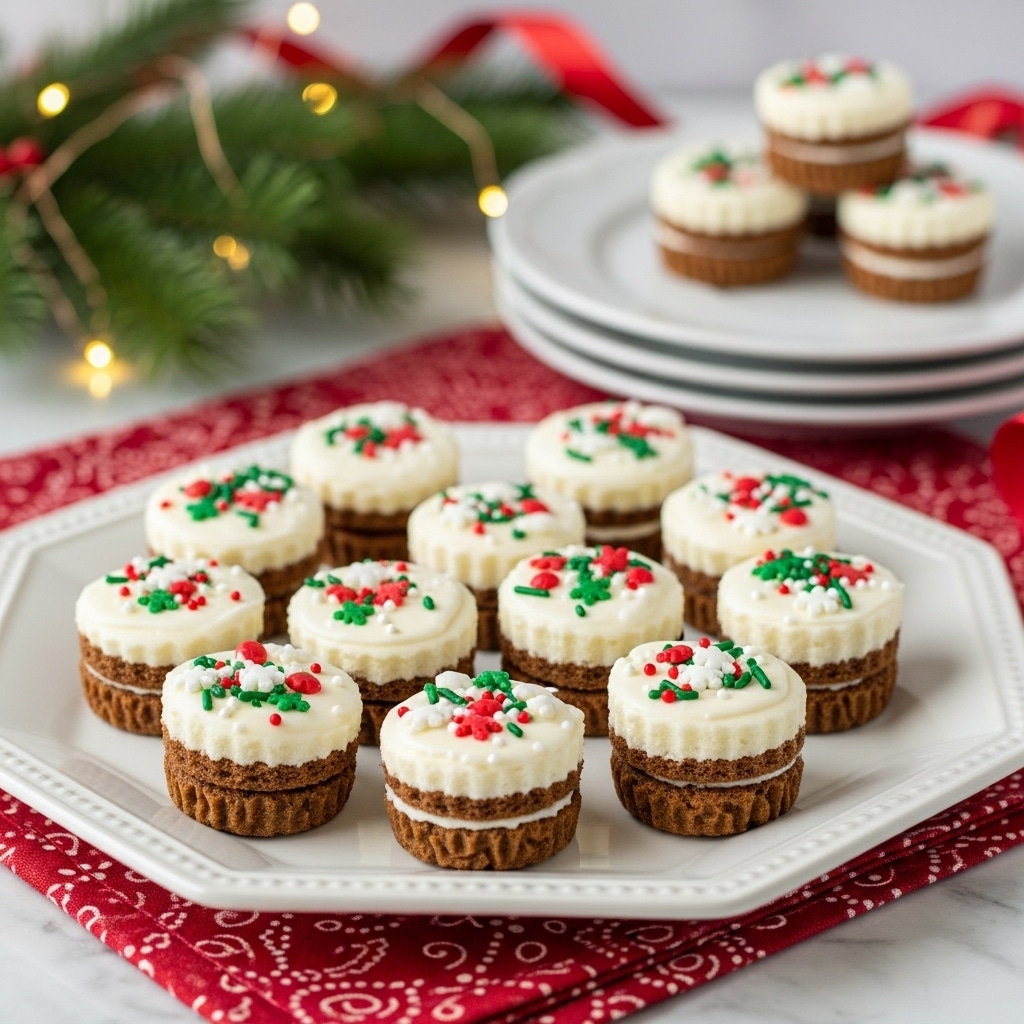 The image shows a white octagonal plate filled with ten small cookie cups, each with two layers: a brown, textured cookie base shaped like a cup, and a smooth, white frosting layer on top, decorated with red, green, and white sprinkles including small snowflake shapes. The cookie cups are arranged in close rows on the plate, which rests on a red patterned cloth over a white marbled surface. In the background, there is a stacked pile of white plates with two more cookie cups on top, along with blurred green pine and a red ribbon. Soft warm fairy lights add a festive glow around the scene. Photo taken with an iphone --ar 4:5 --v 7