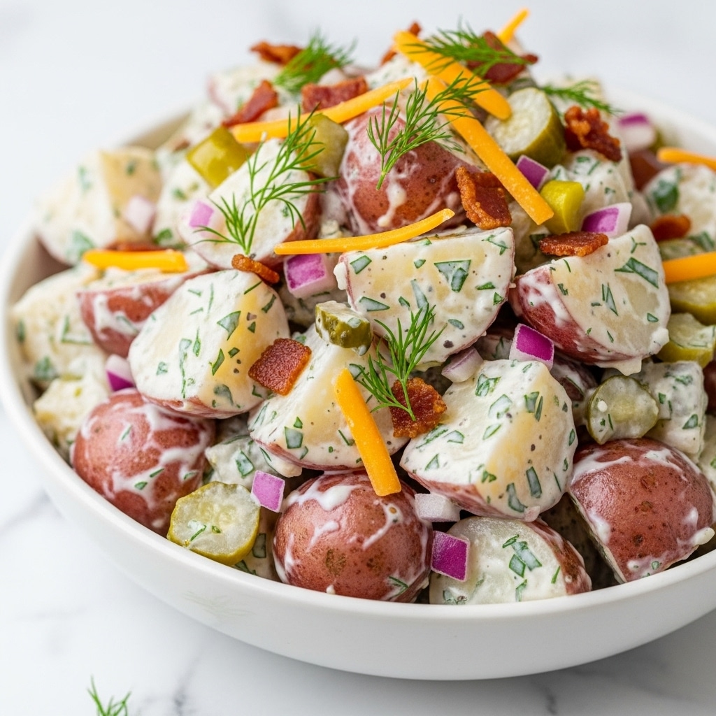 A close-up view of a creamy potato salad in a white bowl filled with chunky pieces of red-skinned potatoes coated in a thick, white dressing mixed with green herbs. The salad is topped with small green dill sprigs, thin shreds of orange cheddar cheese, and small crumbles of crispy brown bacon. The potatoes have visible skin edges and a soft texture, layered with bits of red onion and pickles, adding pops of purple and green color. The scene is set against a white marbled texture, with natural lighting highlighting the salad's rich, fresh, and textured appearance. Photo taken with an iphone --ar 4:5 --v 7