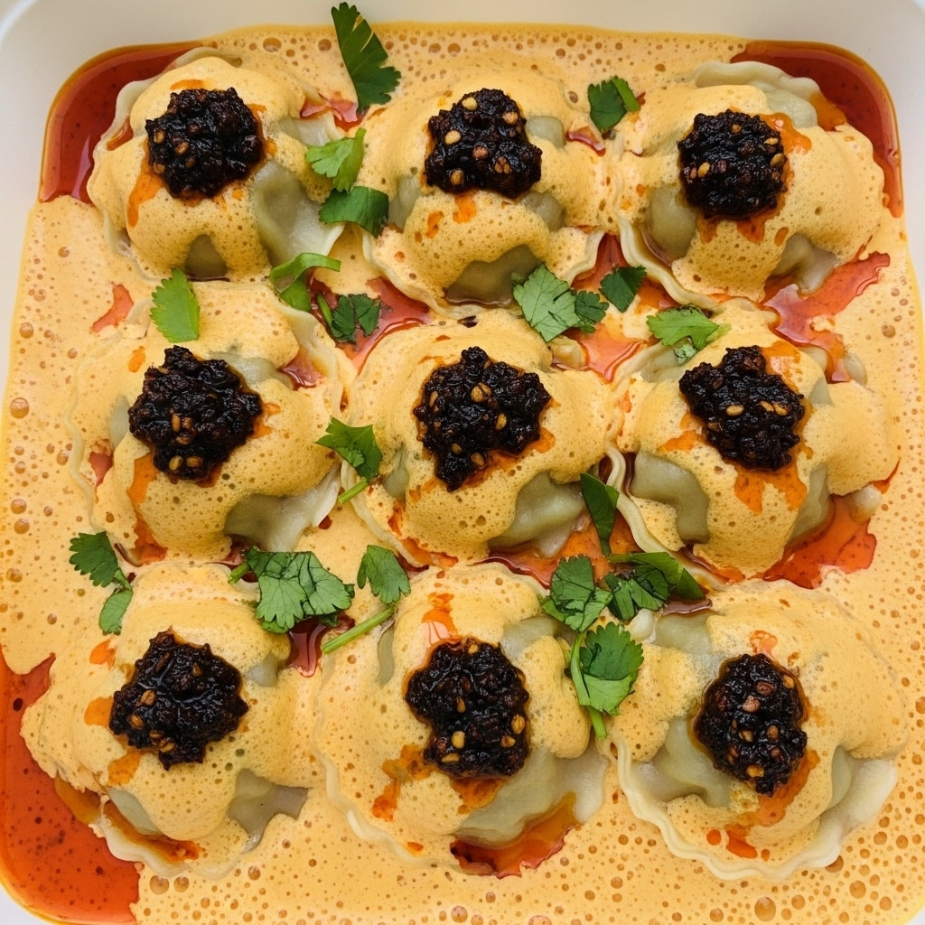 A close-up view of a dumpling held by a woman's hand with wooden chopsticks. The dumpling is covered in a creamy, orange sauce with visible herbs and small pieces of chili or garlic on top. Below the dumpling, many more dumplings sit in the same sauce, each garnished with green herbs and dark roasted bits. The dumplings have a light golden color with a soft, slightly shiny texture. The background and surface are a white marbled texture. Photo taken with an iphone --ar 4:5 --v 7