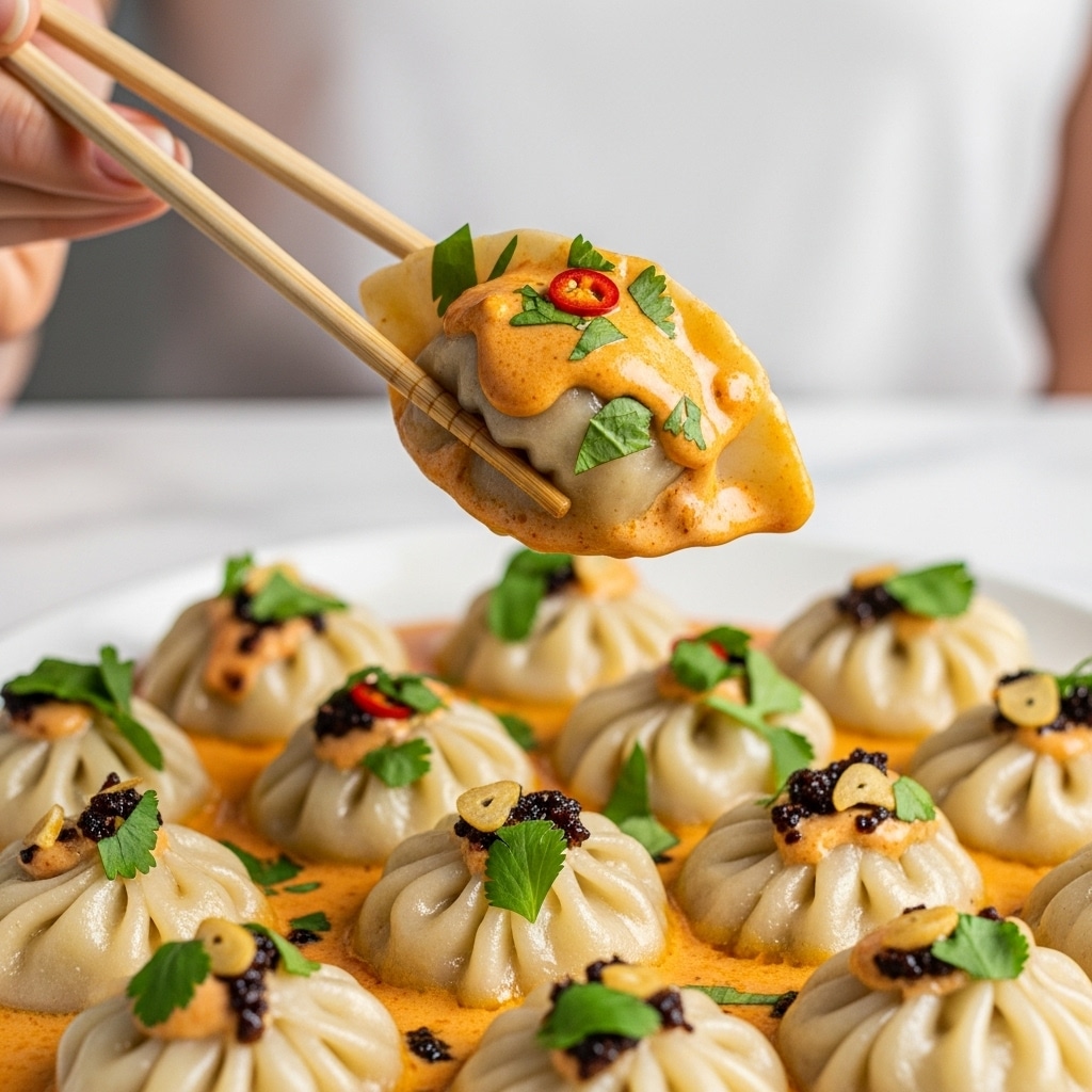 The image shows a dish with two layers: the bottom layer is a creamy orange sauce with a smooth, slightly foamy texture, spread evenly in a white container. The top layer contains folded dumplings or ravioli, each filled and covered in the same sauce, arranged close to each other. On top of each dumpling are small dollops of dark chili oil with visible chili flakes and seeds, adding a textured contrast. Green herbs, likely chopped cilantro or parsley, are sprinkled evenly across the dish, adding bright green spots against the orange and dark red colors. The whole dish looks rich, creamy, and spicy with a warm color palette. Photo taken with an iphone --ar 4:5 --v 7