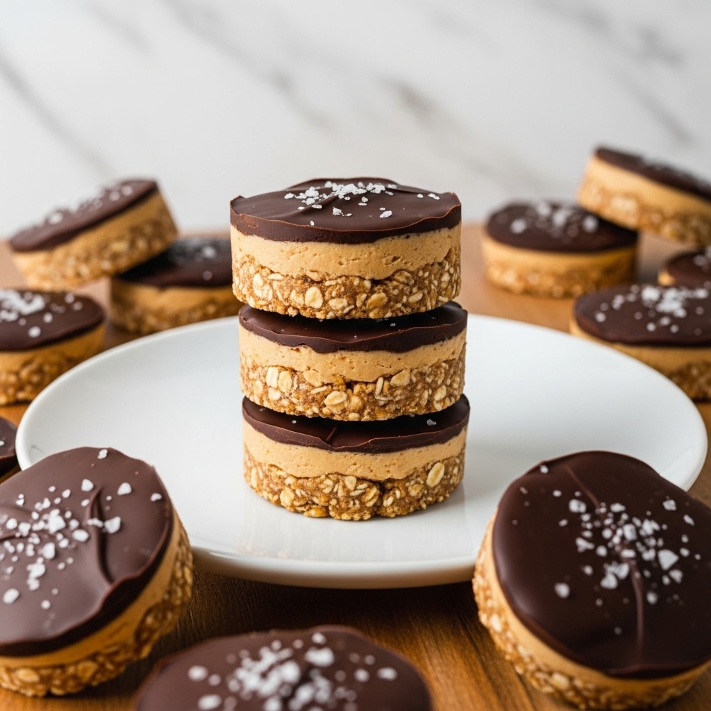The image shows a white plate with a stack of three round treats that each have three clear layers: the bottom layer is light brown with visible oats mixed in, giving a chunky texture, the middle layer is smooth and creamy peanut butter color, and the top layer is dark, shiny chocolate sprinkled with small flakes of white sea salt. Around the plate, there are more treats, some lying flat, displaying the glossy chocolate tops. The scene is set on a wooden surface with a white marbled texture background. Photo taken with an iphone --ar 4:5 --v 7