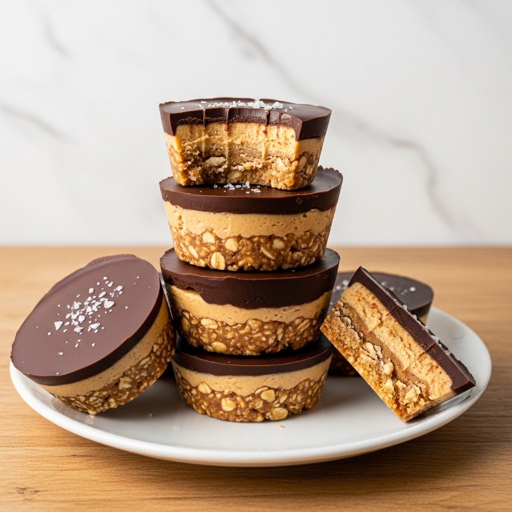 The image shows a stack of round peanut butter chocolate cups on a white plate placed on a wooden surface with a white marbled texture background. Each cup has three clear layers: the bottom layer is a chunky peanut and oat mixture in a light brown shade, the middle layer is smooth and creamy peanut butter in a darker tan color, and the top layer is a shiny, thick dark chocolate disk sprinkled with small flakes of salt. One cup at the top has a bite taken out, revealing the layers inside, and a couple of other halves are laid beside the stack. The cups are neatly stacked in a small pile with the bite mark creating a textured, rich look. Photo taken with an iphone --ar 4:5 --v 7