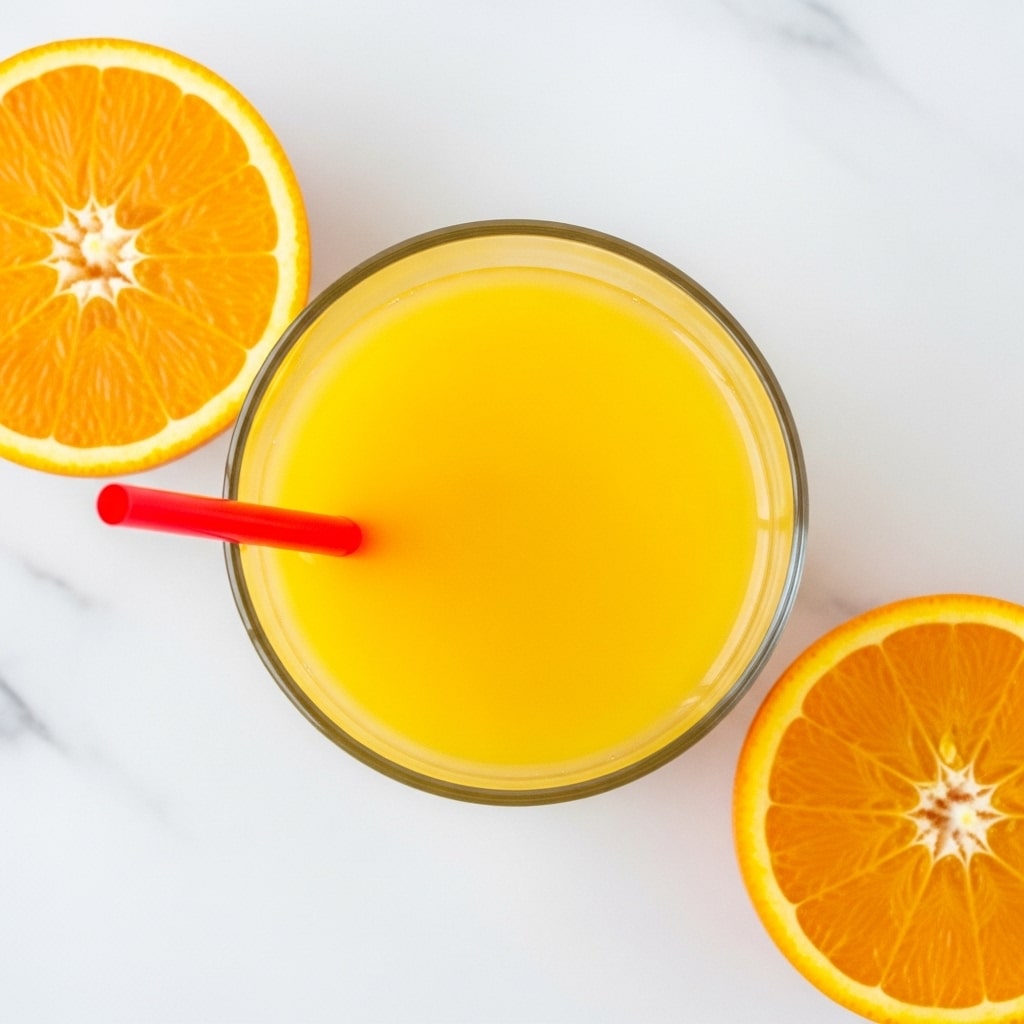 A clear glass filled with bright yellow-orange juice seen from above, with a smooth liquid surface and a red straw placed near the left side inside the glass. On the white marbled surface around the glass, there are two halves of a fresh orange, one on the left and one on the right, each showing its juicy texture and bright orange color with a touch of white pith. The overall look is fresh and simple. photo taken with an iphone --ar 4:5 --v 7