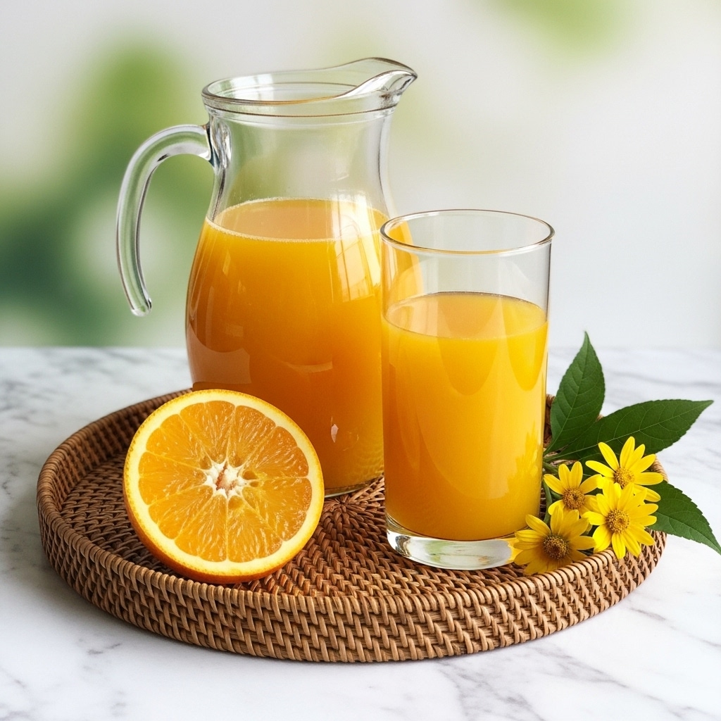 A clear glass pitcher filled with bright orange juice stands beside a tall transparent glass also filled with the same orange juice on a round woven tray. In front of the pitcher and glass is a half-cut orange showing its juicy, segmented interior, while three small yellow flowers with green leaves are placed next to the glass. The tray is set on a white marbled surface with a soft, blurry green and white background. photo taken with an iphone --ar 4:5 --v 7