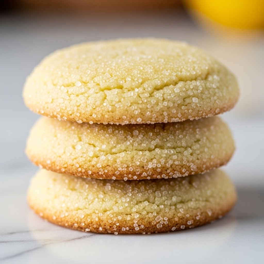 A stack of three round lemon cookies with a soft, slightly crumbly texture is shown on a white marbled surface. Each cookie has a light yellow color with a shimmering coating of granulated sugar on top and around the edges, giving them a sparkling look. The cookies are evenly layered, with the bottom cookie showing a slightly golden brown edge where it was baked more, while the top two are more uniformly pale yellow. The background is blurred with warm tones, highlighting the cookies in the front. Photo taken with an iphone --ar 4:5 --v 7