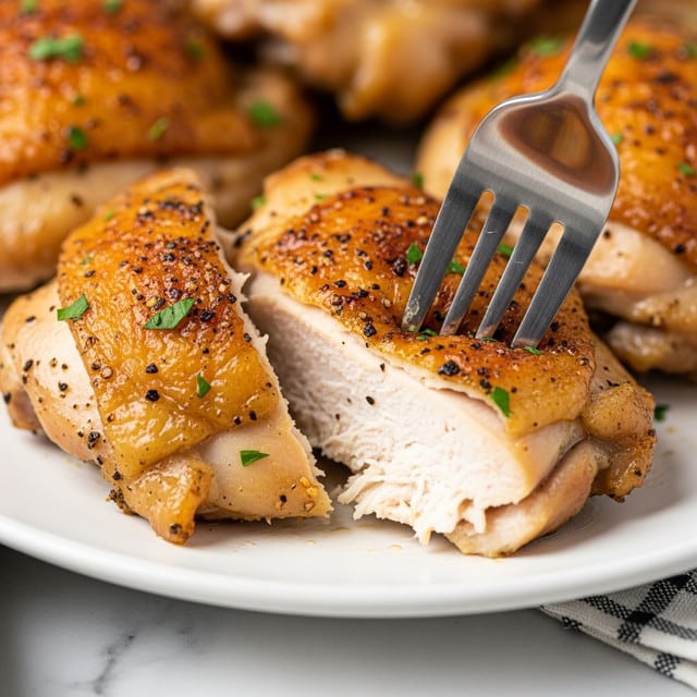The image shows a close-up of a juicy piece of cooked chicken, with golden brown skin that looks crispy and seasoned with black pepper and bits of green parsley. The chicken piece is being pulled apart with a fork that has four tines, showing the tender white meat inside. The chicken sits on a white plate, with more pieces of similar chicken blurred in the background. The setting is on a white marbled surface, and there is a hint of a black and white checkered cloth near the bottom edge. photo taken with an iphone --ar 4:5 --v 7