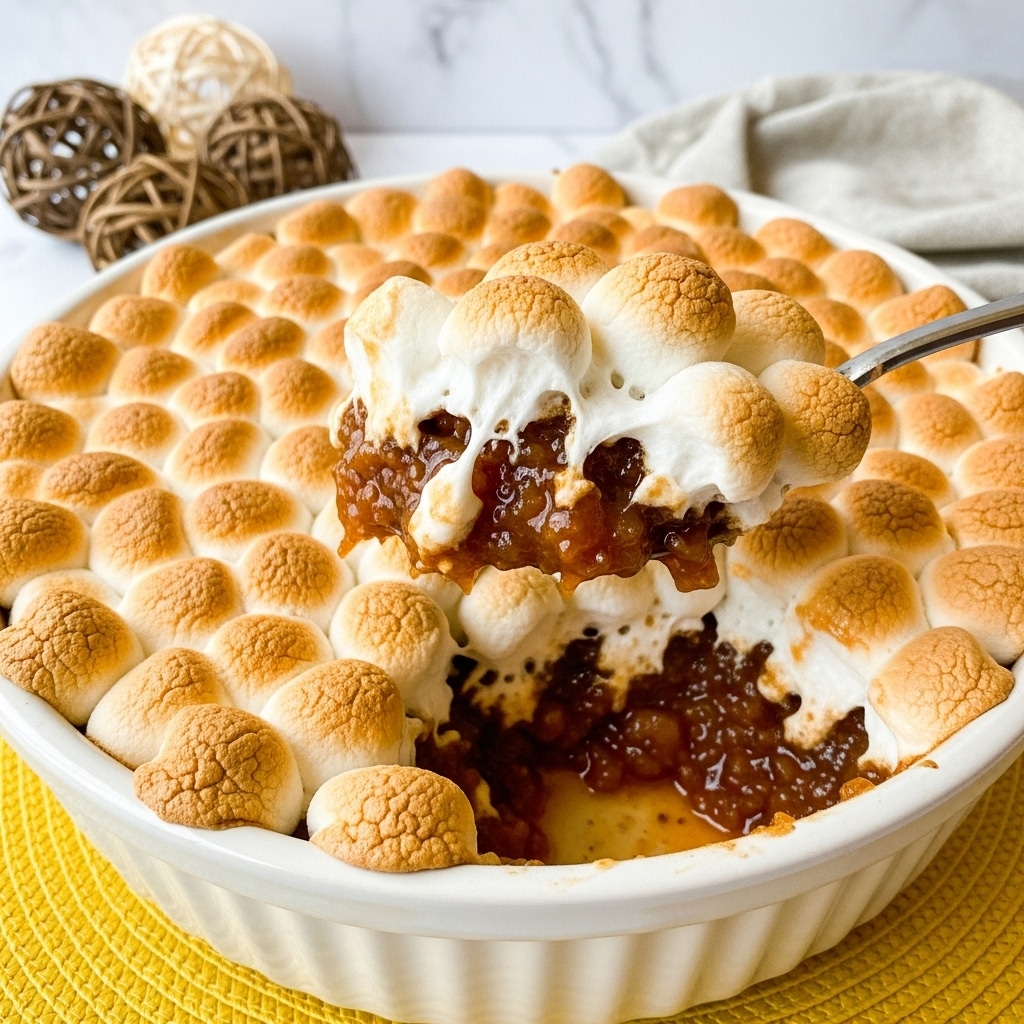 A close-up of a baked dish in a white ceramic bowl, topped with a thick layer of golden-brown toasted marshmallows that cover the entire surface. The marshmallows are soft and slightly melted, showing chewy texture with some darker toasted spots. A silver spoon lifts a portion, revealing a rich, gooey, sticky brown layer beneath the marshmallows, likely a sweet filling, with marshmallow foam spilling over the edges. The bowl sits on a yellow woven mat against a white marbled background, with blurred wicker balls and a pale cloth in soft focus behind it. photo taken with an iphone --ar 4:5 --v 7