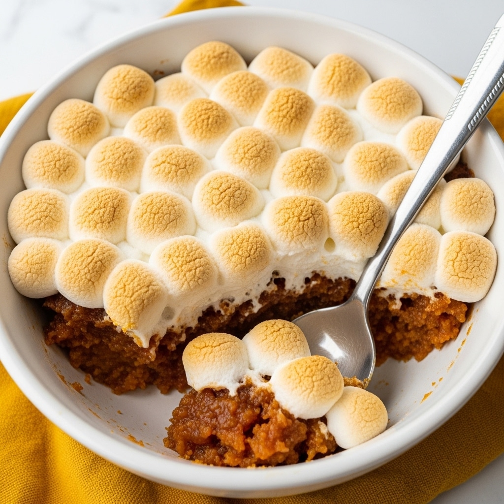 A white bowl holds a two-layer dish with the top layer made of golden toasted marshmallows with a soft, slightly bubbly texture, covering about half the dish. Below the marshmallows is a thick, rich brown layer with a coarse, moist texture. A silver spoon stands inside the bowl, scooping a portion from the brown layer. The bowl sits on a yellow cloth, against a white marbled background. Photo taken with an iphone --ar 4:5 --v 7