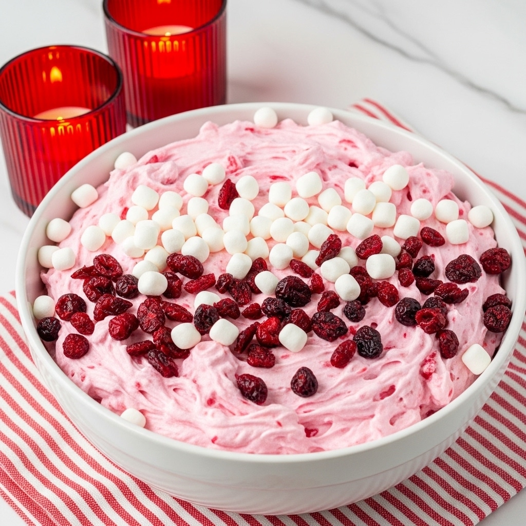 A large white bowl is filled with a fluffy, creamy mixture that has a soft pink color throughout. The mixture has three visible layers: a base texture of light pink whipped cream or mousse, scattered small white marshmallows giving a soft, rounded texture, and happy pops of red and dark purple dried berries spread evenly inside. The bowl sits on a red and white striped cloth placed on a white marbled surface. Behind the bowl, there are two red ribbed glass candle holders adding a warm accent to the scene. photo taken with an iphone --ar 4:5 --v 7