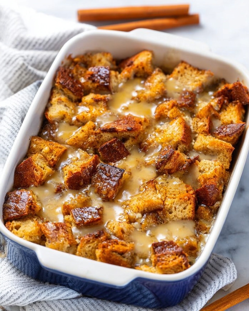 A white rectangular baking dish filled with a baked bread pudding made of many unevenly cut golden brown bread cubes, some with a crisp, darker crust on top, soaked in a light beige creamy sauce that fills the gaps between the bread pieces, giving a slightly glossy texture. The dish sits on a white marbled surface with a white and gray striped cloth underneath, and two sticks of cinnamon lying next to the dish. The bread cubes are layered densely, showing a mix of toasted edges and soft soaked bread throughout. The overall look is warm and inviting with rich brown and creamy beige colors. photo taken with an iphone --ar 4:5 --v 7