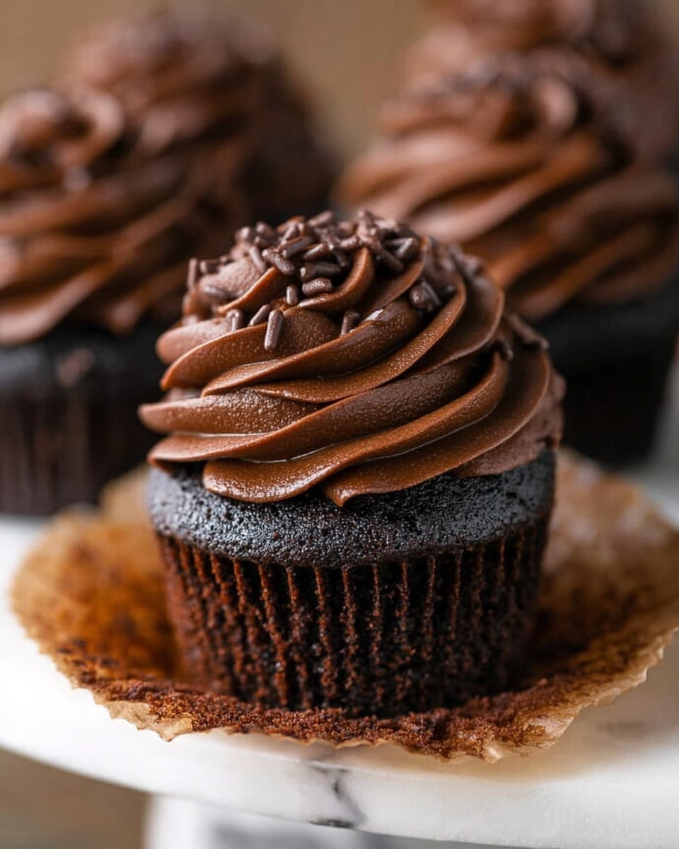 The image shows a group of chocolate cupcakes arranged on a white cake stand. Each cupcake has a dark brown chocolate base with a shiny texture and is topped with a tall swirl of smooth, rich chocolate frosting. Small chocolate sprinkles are scattered on top of the frosting. In the background, there is a small glass bowl with chocolate crumbs sitting on a white marbled surface, along with a folded beige cloth with faint polka dots. The lighting highlights the glossy texture of the frosting and matte finish of the cupcake liners. photo taken with an iphone --ar 4:5 --v 7