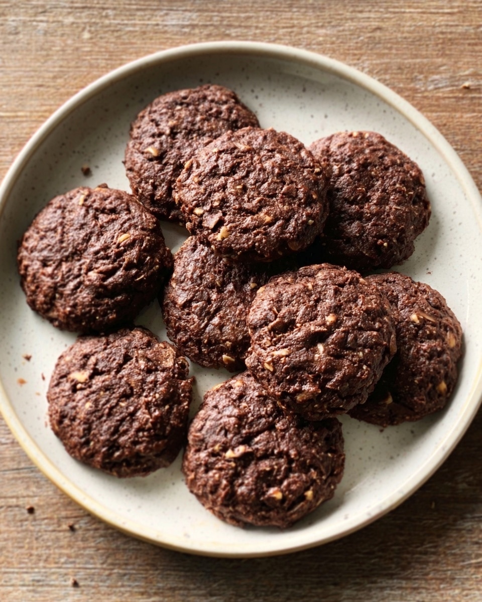 A pile of chocolate no-bake cookies made from oats and chocolate sits on a white plate, each cookie roughly round and textured with visible oat pieces. The cookies have a dark brown color with a shiny, slightly rough surface, showing small oat clusters throughout. The plate rests on a white marbled surface, creating a clean and bright background. A glass of milk is partially visible behind the plate, adding a simple touch to the scene. Photo taken with an iphone --ar 4:5 --v 7