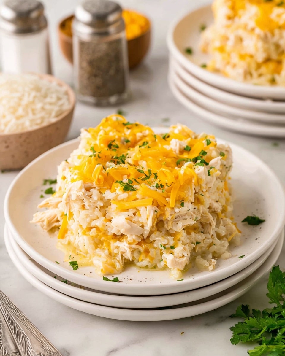 A white plate holds a creamy layered dish made of shredded chicken mixed with white rice and melted yellow cheddar cheese patches on top. The dish is sprinkled with small green parsley pieces for color contrast. The texture looks soft and moist with a mix of stringy chicken and sticky rice. The plate is stacked on other similar white plates, all on a white marbled surface. In the background, salt and pepper shakers and a bowl filled with uncooked white rice are visible, with some green herbs lying near them. photo taken with an iphone --ar 4:5 --v 7