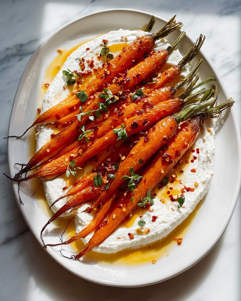 A white plate holds a layer of creamy white cheese spread evenly in a large oval shape. On top, there are roasted orange carrots laid closely next to each other, all with slightly charred green tops. The carrots have a shiny glaze with small red chili flakes sprinkled across. Tiny green herb leaves are scattered over the dish, and a light amber oil is drizzled around the cheese. The plate is set on a white marbled surface with soft natural light shining from the left side. photo taken with an iphone --ar 4:5 --v 7
