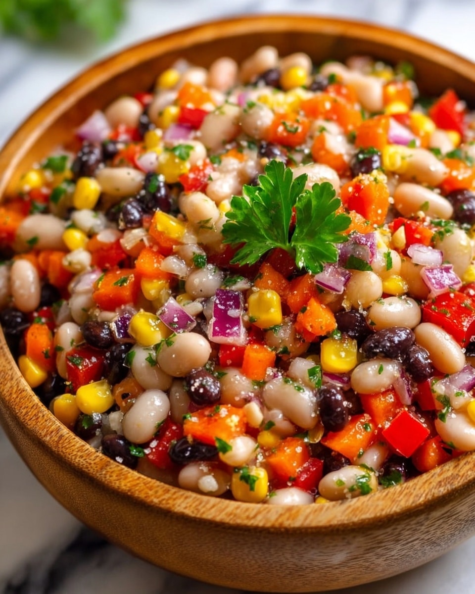A close-up view of a wooden bowl filled with a colorful bean salad, featuring three main layers mixed together: white beans, black beans, and corn kernels, combined with diced red bell peppers, orange carrots, finely chopped red onions, and small green herbs scattered throughout. The top center has a bright green parsley leaf garnish. The texture is fresh and chunky with a glossy, slightly wet look, showing small bits of seasoning sprinkled over. The bowl sits on a white marbled surface. photo taken with an iphone --ar 4:5 --v 7