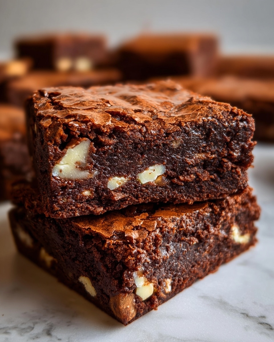 The image shows two stacked brownies with a thick, rich dark brown chocolate layer full of creamy white nut pieces. The top brownie is placed slightly angled on the bottom brownie, revealing the moist and dense texture inside, while the outer crust is cracked and shiny with a slightly rough surface. In the background, more brownies lie flat, all resting on a white marbled texture. The image is closely focused on the brownies, emphasizing the contrast between the dark chocolate and the light nuts. Photo taken with an iphone --ar 4:5 --v 7