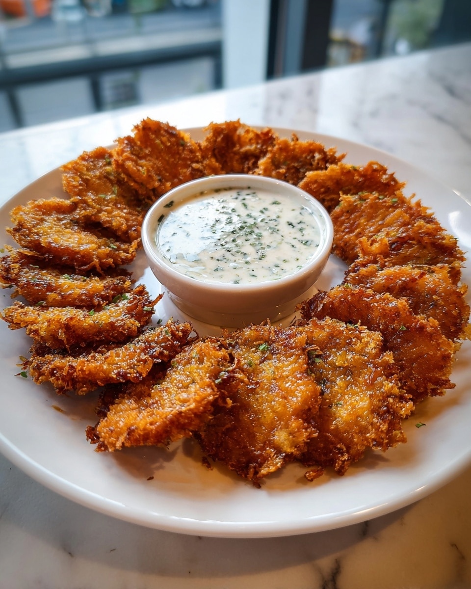 A white plate holds a ring of about eleven golden-brown, crispy fried pieces, each with a rough, crunchy texture and uneven edges. In the center of the plate, there is a small white bowl filled with creamy white dipping sauce speckled with green herbs. The plate rests on a white marbled surface with a blurred background of windows and outdoor light. photo taken with an iphone --ar 4:5 --v 7