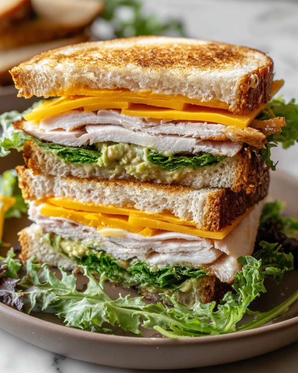 The image shows a sandwich cut in half and stacked, served on a white plate over a white marbled surface. The sandwich has three main visible layers: the bottom layer has green leafy lettuce, the middle layer has thick slices of light brown roasted turkey, and on top of the turkey, there are two bright orange slices of cheddar cheese. The sandwich bread is toasted and golden brown, with a slightly crispy texture. The edges of the sandwich show some creamy spread peeking out, adding more texture. Some additional greens are scattered on the plate around the sandwich. Photo taken with an iphone --ar 4:5 --v 7