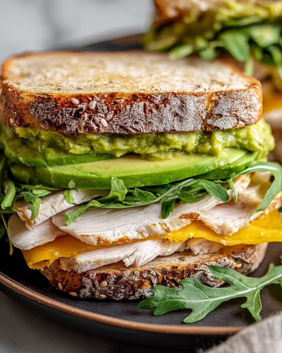 The close-up image shows a sandwich cut in half, placed on a dark plate with a few green leaves around it. The sandwich has three main layers. The bottom layer is a slice of toasted sesame seed bread with a light brown crust and soft, airy inside. On the bread, there is a layer of fresh arugula leaves, dark green and slightly curly. Above the greens, thick slices of ripe avocado add a smooth, creamy texture with a bright green color. Next, there is a layer of thin, tender slices of cooked turkey breast, pale white with lightly browned edges. Above the turkey, a layer of melted yellow cheddar cheese is visible, slightly glossy and soft. The top bread slice, also toasted and sesame seed-covered, has a spread of green guacamole that peeks out just below it. The sandwich rests on a white marbled surface. photo taken with an iphone --ar 4:5 --v 7