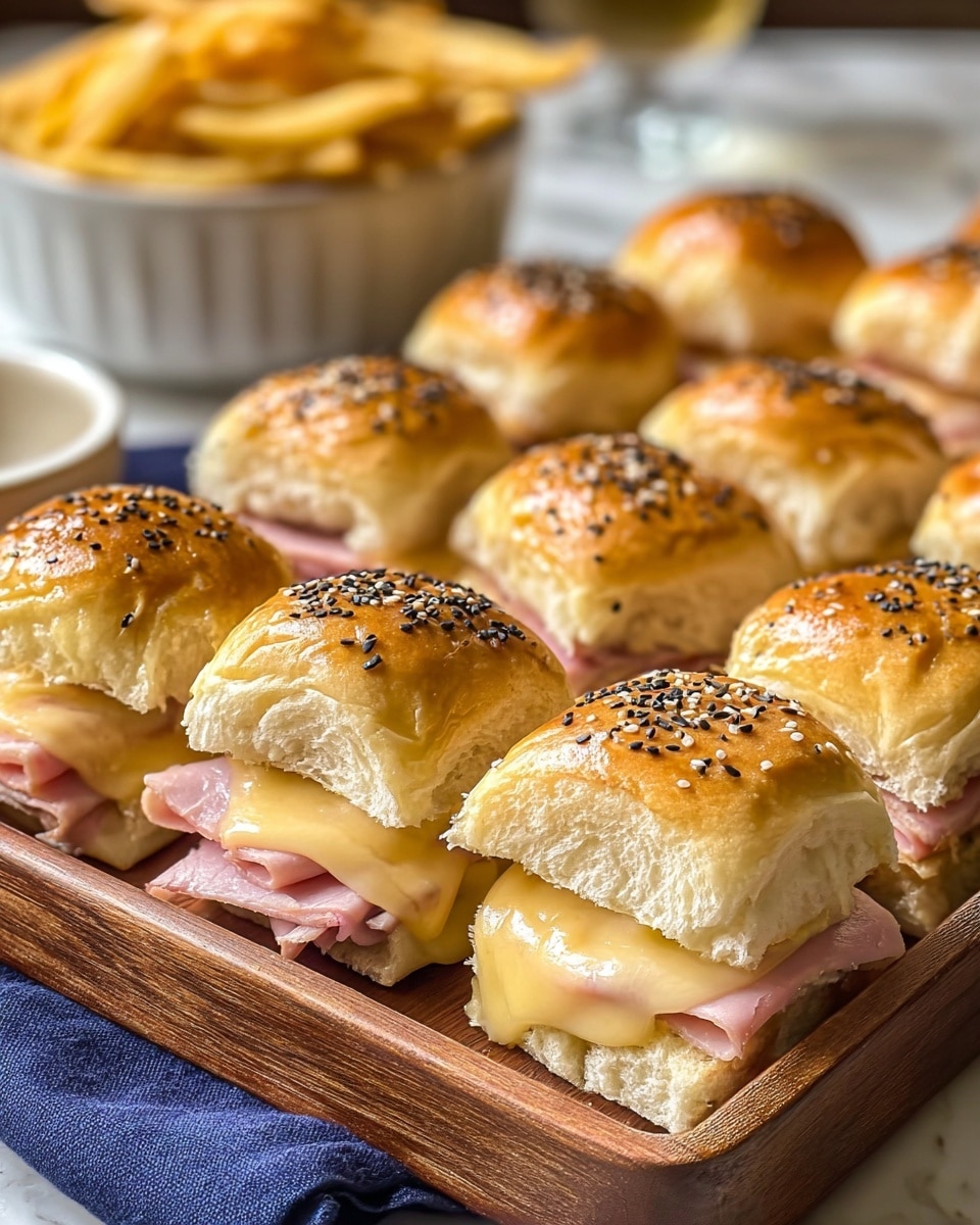 A wooden tray holds eight small sandwiches arranged in close rows, each sandwich consisting of three layers: a shiny golden brown top bun sprinkled with black sesame seeds, a middle layer of melted light yellow cheese oozing slightly over the edges, and a bottom layer of pink ham resting on a soft white bottom bun. The sandwiches have a fluffy texture with the cheese appearing creamy and slightly gooey. In the background, a white bowl filled with golden French fries is slightly out of focus, and a blue cloth is tucked under the front left corner of the tray, all set against a white marbled surface. Photo taken with an iphone --ar 4:5 --v 7