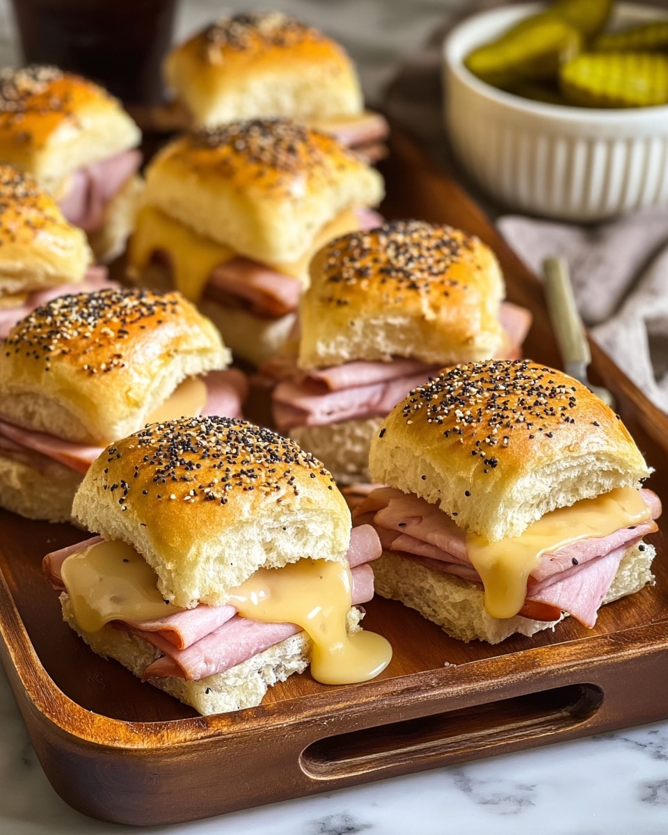 The image shows a wooden tray filled with several small sandwiches. Each sandwich has three layers: a soft golden brown bun with black and white sesame seeds on top, a slice of pink ham in the middle, and melted yellow cheese dripping slightly over the ham below. The buns look fluffy and are cut horizontally, with the top bun resting slightly open on some sandwiches, revealing the ham and cheese inside. The tray sits on a white marbled surface, and in the background, there is a white bowl filled with sliced pickles. photo taken with an iphone --ar 4:5 --v 7