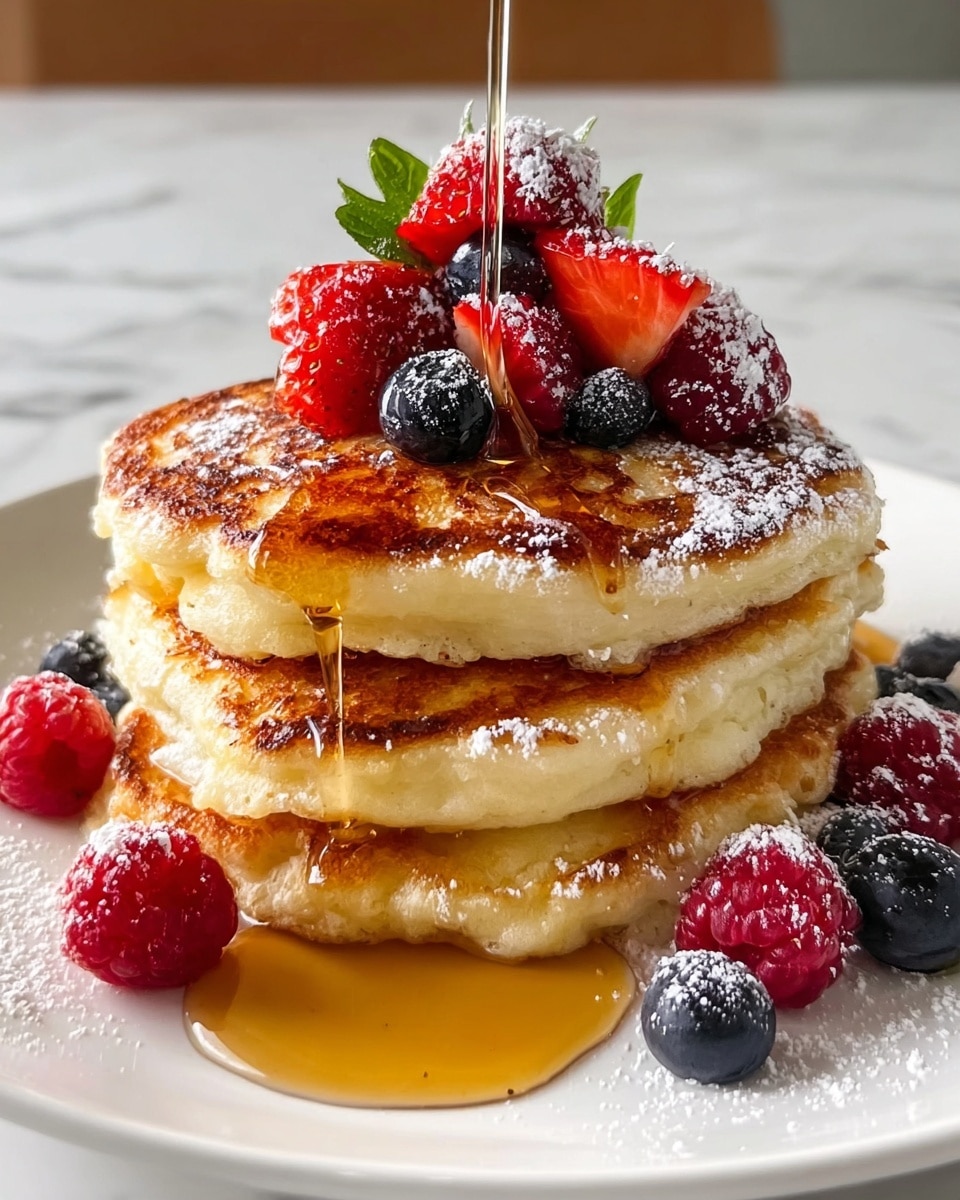 A stack of three fluffy golden pancakes is placed at the center of a white plate on a white marbled surface. The pancakes have a slightly crispy, browned top texture with syrup being poured over them, catching the light as it drips down the sides. On top of the stack, there is a small pile of fresh red strawberries, dark blueberries, and bright red raspberries dusted lightly with white powdered sugar. Additional raspberries and blueberries are scattered around the base of the pancakes on the plate. A pool of golden syrup has formed at the bottom front of the stack, adding a glossy finish to the scene. photo taken with an iphone --ar 4:5 --v 7