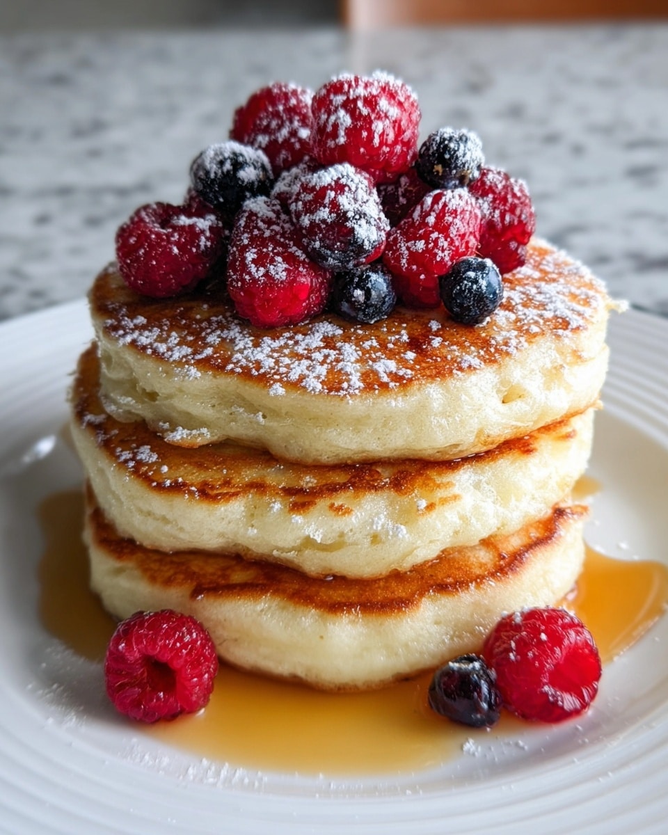 A stack of three thick, golden brown pancakes with visible airy texture sits at the center of a white plate, each layer showing a light toasty surface with slight crisp edges. On top of the stack, there is a pile of fresh raspberries and dark blueberries, some dusted lightly with powdered sugar. Around the base of the pancakes, a small pool of amber syrup glistens with a few berries resting in it. The scene is set against a white marbled textured surface in soft natural light, highlighting the warm and inviting colors of the dish. Photo taken with an iphone --ar 4:5 --v 7