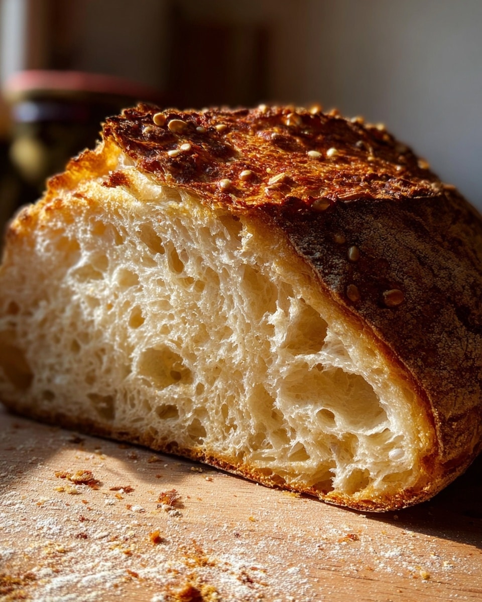 A close-up of a thick slice of bread shows two layers: the top layer is a rough, golden brown crust with a slightly burnt edge and sprinkled with coarse bits, while the bottom layer is a soft, light cream-colored crumb full of irregular holes and air pockets. The bread slice sits on a wooden surface with scattered crumbs around. The background is softly blurred with natural light coming from the side, highlighting the detailed texture of the crust and crumb. Photo taken with an iphone --ar 4:5 --v 7