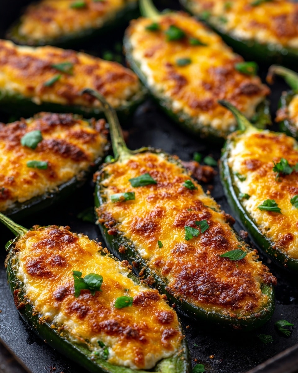 The image shows a close-up of eight stuffed jalapeño halves arranged in a black baking tray. Each jalapeño is filled with a golden-yellow, crispy top layer of melted cheese that looks browned and crunchy on the edges. Small pieces of chopped green herbs are scattered on the cheese for garnish. The dark green jalapeño shells act as a base, contrasting with the bright and textured cheese filling. The photo captures the warm, inviting colors and textures of the dish, with a shallow focus highlighting the front stuffed peppers. Photo taken with an iphone --ar 4:5 --v 7