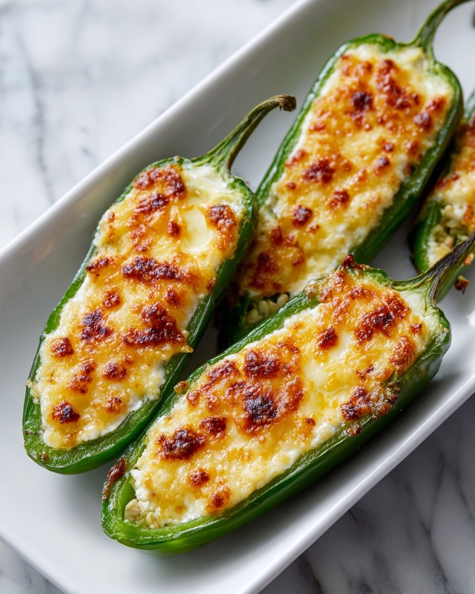 The image shows three jalapeño peppers sliced in half and placed on a long white plate set on a white marbled surface. Each pepper half is filled with a creamy light green filling, possibly cheese, and topped with a golden-brown baked layer that looks slightly crispy and bubbly. The peppers are bright green, smooth, and shiny, providing a nice contrast to the warm melted topping. The dish appears warm and freshly baked. Photo taken with an iphone --ar 4:5 --v 7