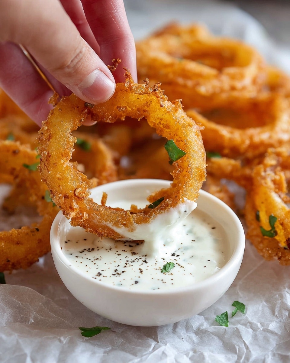 A close-up view shows a golden-brown, crispy fried onion ring being dipped into a small white bowl filled with creamy white sauce sprinkled with black pepper and green chopped herbs. The onion ring has a textured, crunchy coating with some green herb pieces on it, and it is held by a woman's hand. In the background, there are more onion rings resting on white parchment paper on a white marbled surface. Photo taken with an iphone --ar 4:5 --v 7