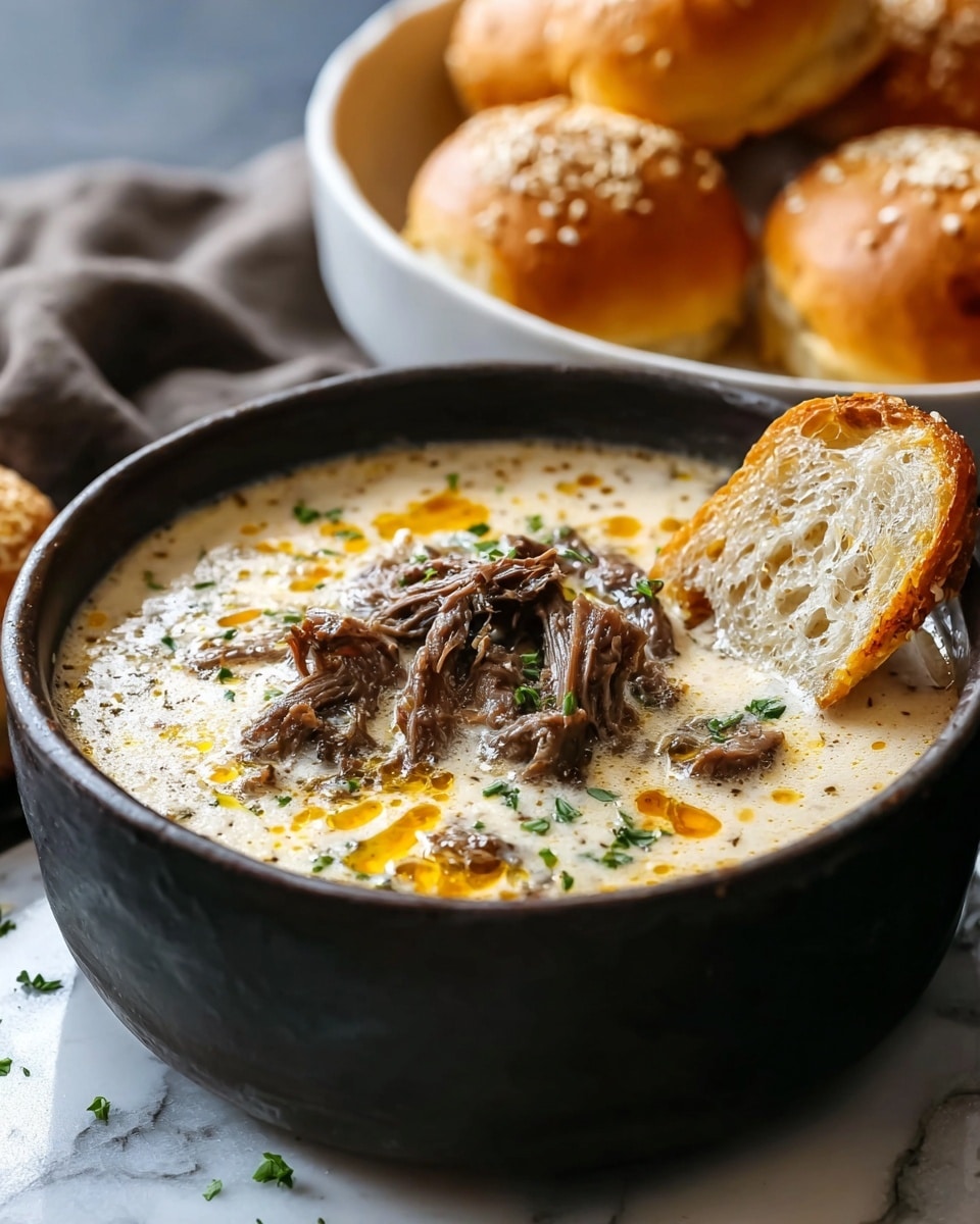 A dark bowl filled with creamy soup that has visible chunks of shredded brown beef on top, orange oil spots, and small green herb pieces scattered throughout. A piece of toasted bread with a golden crust and airy inside is dipped on the side. In the blurred background, there is a white bowl with several round buns topped with sesame seeds, all resting on a white marbled surface. photo taken with an iphone --ar 4:5 --v 7