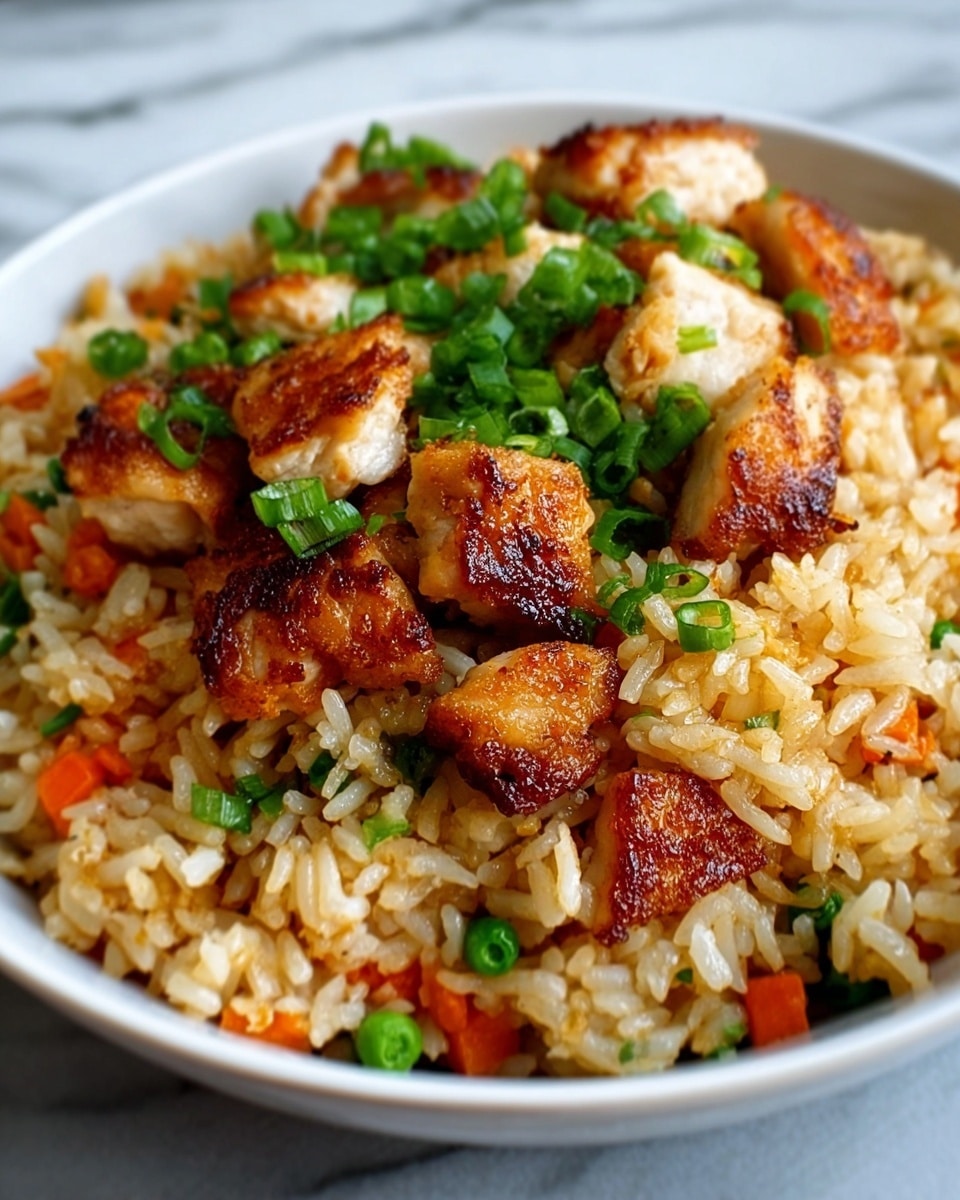 A close-up of a bowl with fried rice and grilled chicken pieces. The bowl is white and filled with cooked rice that looks fluffy and mixed with small diced orange carrots and green peas, giving it color contrast. The grilled chicken pieces are cut into small chunks with a golden-brown crispy texture on top of the rice. Some chopped green onions are sprinkled over the chicken and rice, adding a fresh green touch. The background is a white marbled surface. Photo taken with an iphone --ar 4:5 --v 7
