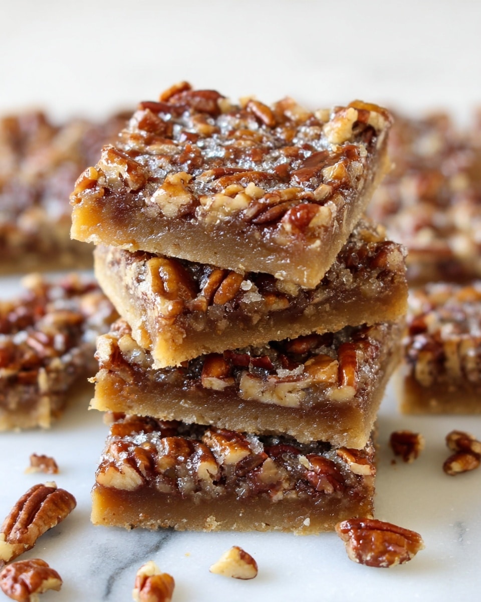 The image shows a stack of four square pecan bars placed on a white marbled surface, each bar having three visible layers: a light brown crumbly base, a sticky middle layer with pecan pieces, and a top layer densely covered with chopped pecans in shades of golden brown and dark brown, giving a crunchy texture. Surrounding the stack, several more pecan bars lie flat, with small chunks of pecans scattered around. The top surface of the bars looks glossy and caramelized. photo taken with an iphone --ar 4:5 --v 7