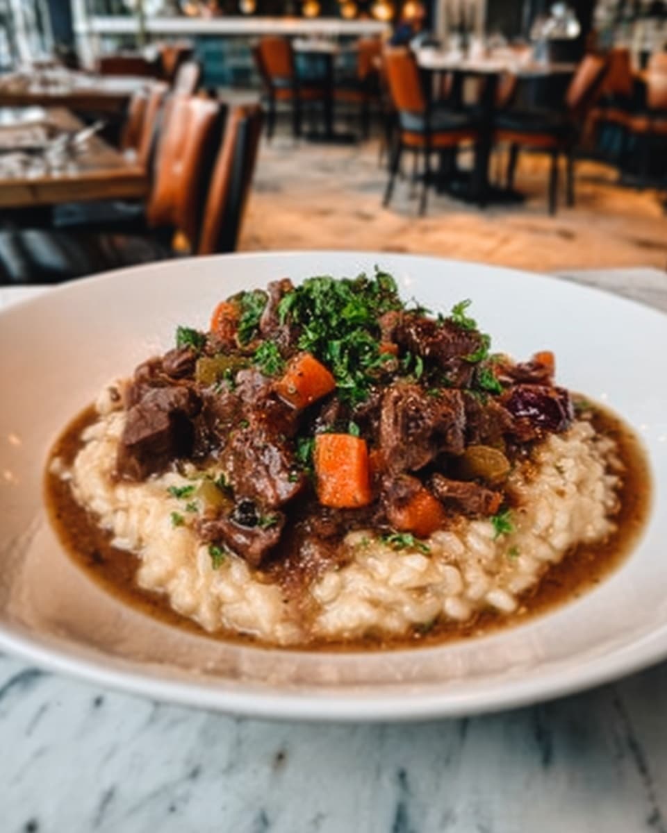 A white plate holds a creamy risotto base with a thick texture and light beige color, topped with a rich brown beef stew that contains small carrots and green herbs sprinkled on top. The beef stew layer is chunky and moist, spread evenly over the risotto, creating a mix of colors and textures. The plate is placed on a white marbled surface, with a blurred restaurant background showing chairs and tables. Photo taken with an iphone --ar 4:5 --v 7