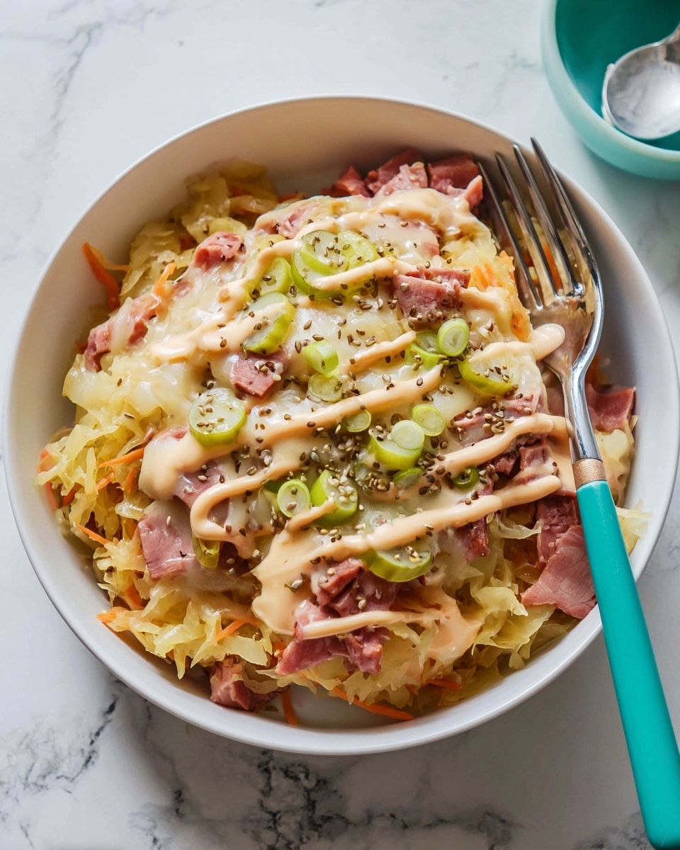 A white bowl filled with a layered dish starting with a base of light yellow sauerkraut mixed with small orange carrot pieces, topped with thin strips of pinkish-brown ham scattered evenly. On top of this, there is a generous layer of melted creamy white cheese that covers most ingredients, drizzled with a pale orange sauce in thin lines. Small green slices of pickles and light green scallion rings are sprinkled all over, along with tiny brown seeds appearing like caraway seeds. A shiny fork with a turquoise handle rests on the edge of the bowl. The bowl is placed on a white marbled surface. photo taken with an iphone --ar 4:5 --v 7