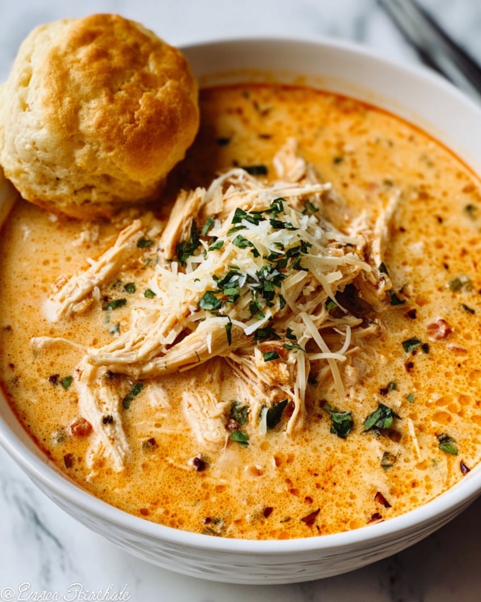 The image shows a white bowl filled with creamy soup that has an orange color, topped with shredded chicken pieces spread evenly on top. There are small green herbs sprinkled over the chicken, adding a touch of color and texture. A soft biscuit, golden brown on the outside, rests on the edge of the bowl. The bowl is placed on a white marbled surface. Photo taken with an iphone --ar 4:5 --v 7