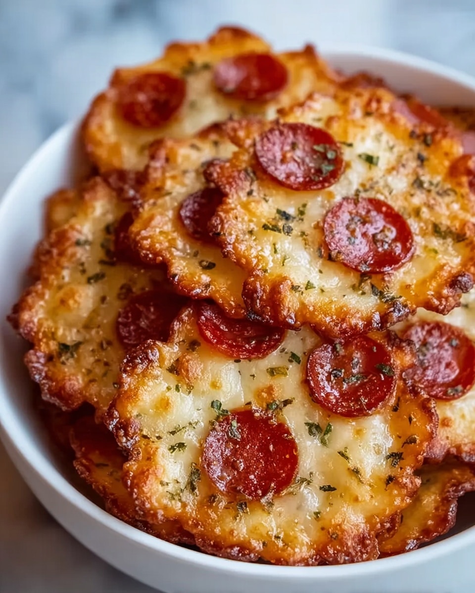 This image shows a close-up of several small, round cheese crackers layered in a white bowl. Each cracker has a golden-brown crispy edge with a slightly bubbly texture in the center. They are topped with small, evenly spaced slices of bright red pepperoni and sprinkled with green herbs, giving a contrast in color and texture. The cheese looks melted and slightly browned, adding a shiny, crispy surface to the crackers. The bowl sits on a white marbled surface. Photo taken with an iphone --ar 4:5 --v 7
