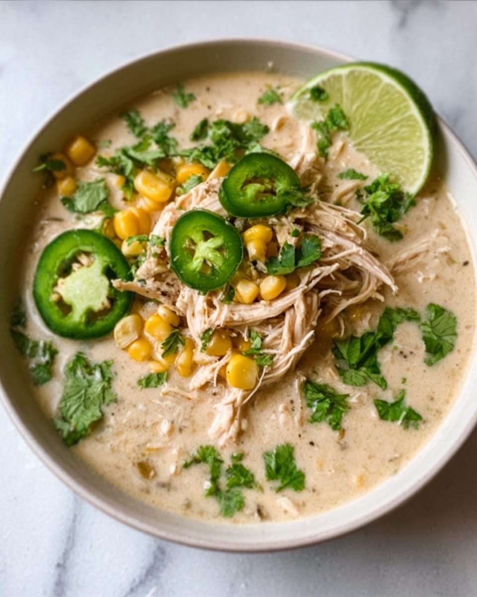 A white bowl filled with a creamy soup base that is light beige in color, topped with shredded chicken arranged in a small pile in the center, with some corn kernels scattered around and fresh green cilantro leaves sprinkled on top. Two slices of fresh green jalapeno rest on one side of the bowl. A wedge of lime sits on the edge, slightly tilted. The bowl is placed on a white marbled surface. Photo taken with an iphone --ar 4:5 --v 7