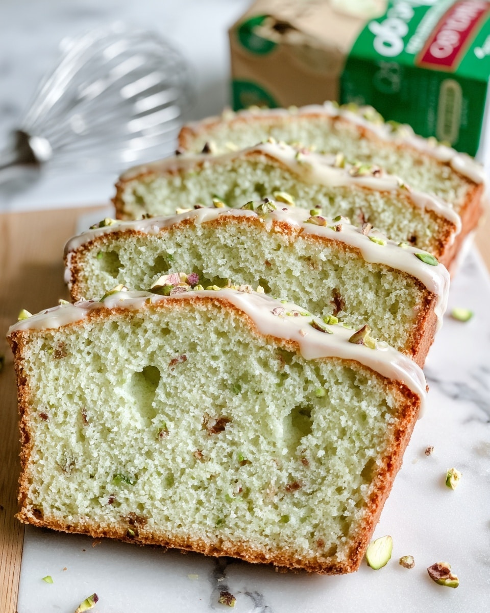 The image shows four slices of light green cake with a soft and airy texture, arranged in a slight overlapping row on a white marbled surface. Each slice has a golden-brown crust on the top and bottom edges, with a creamy white glaze drizzled on the top layer, sprinkled with chopped green and brown nuts. The cake's interior is dotted with small holes and bits of nuts, giving a moist and textured look. In the background, there is a carton with a green and red design and a silver whisk slightly blurred, all placed on the same white marbled texture. photo taken with an iphone --ar 4:5 --v 7