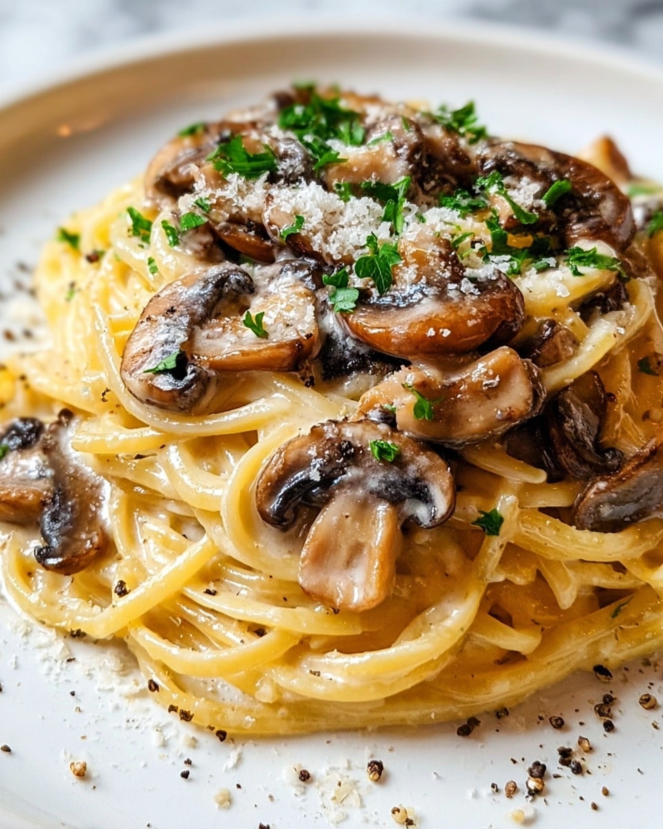 The image shows a close-up of a dark white bowl filled with creamy fettuccine pasta layered at the bottom. On top of the pasta, there are two grilled chicken breasts with a golden-brown color and slightly charred texture. Scattered around the chicken and pasta are sautéed mushroom slices that have a rich brown color. A small sprig of fresh green thyme rests on the chicken. The bowl is set on a white marbled surface with soft natural light coming from the side. Photo taken with an iphone --ar 4:5 --v 7