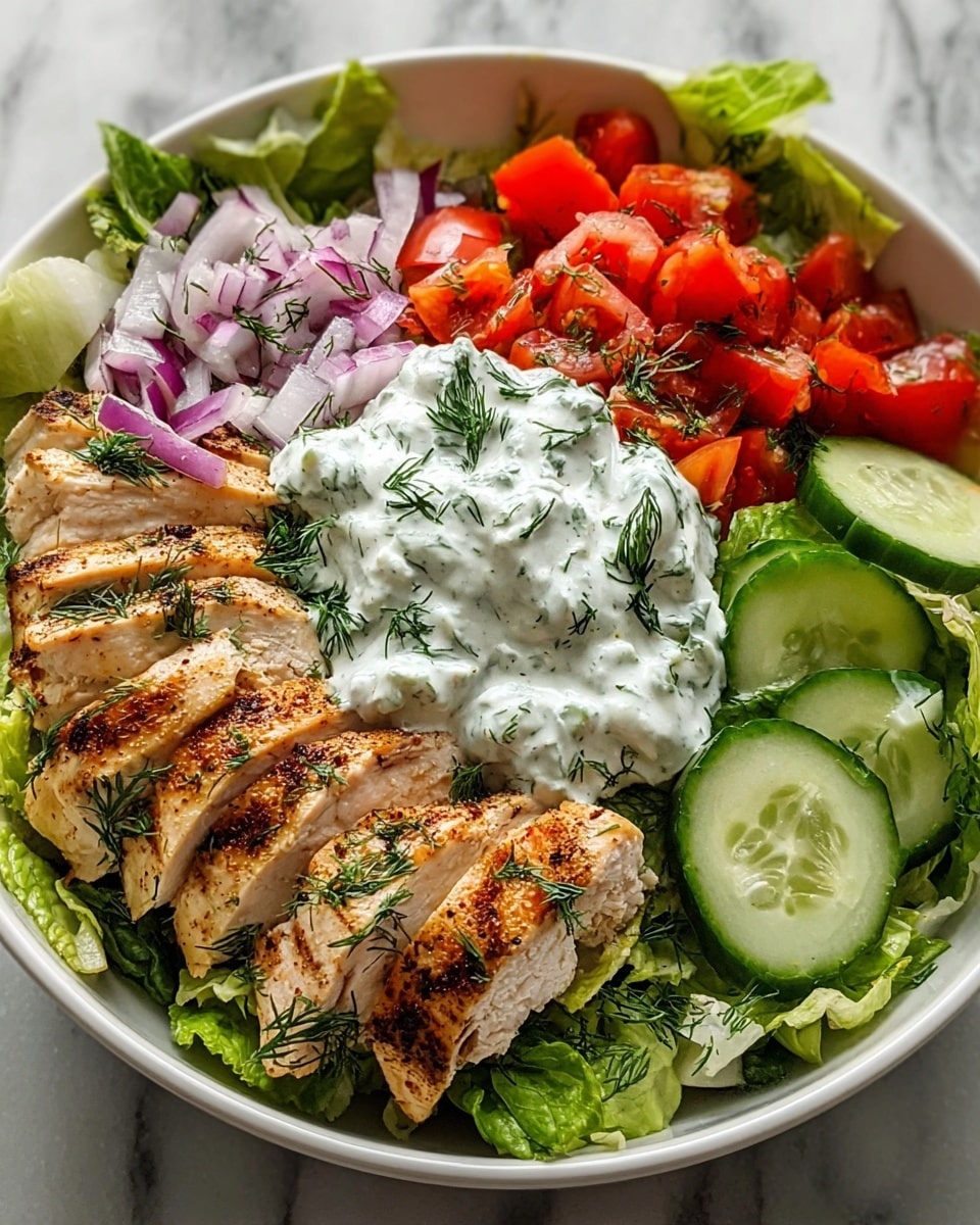 A white bowl filled with a fresh salad, starting with a base layer of green lettuce leaves around the edges, topped with slices of grilled chicken breast with a golden-brown sear and sprinkled with dill. To one side, there are bright slices of green cucumber, and on another side, small diced red tomatoes. On top, there is a creamy white sauce mixed with fresh dill and some purple onion slices scattered over it. The bowl sits on a white marbled surface. photo taken with an iphone --ar 4:5 --v 7