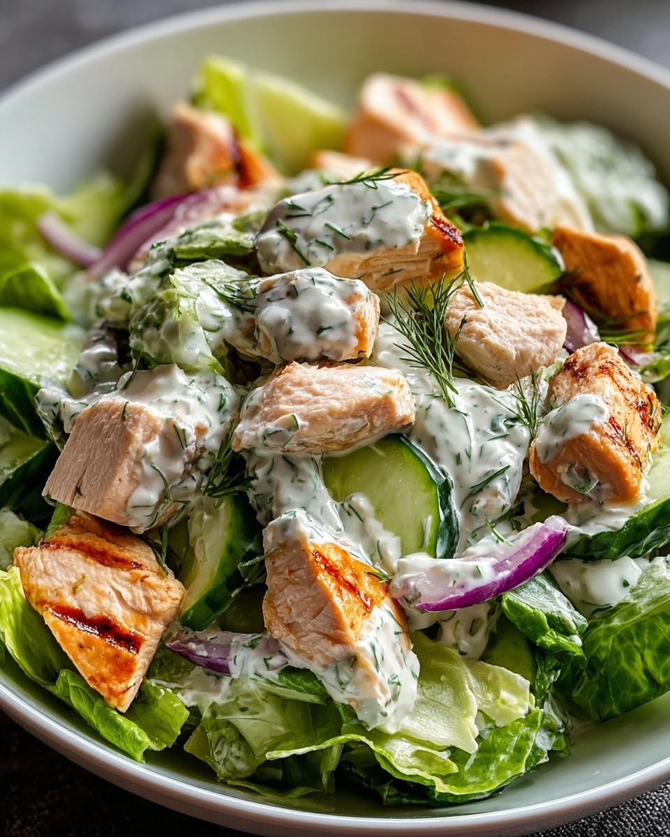 The image shows a fresh salad served in a white bowl. At the bottom, there is a layer of green leafy lettuce with a crisp texture. On top of the lettuce, there are chunks of grilled chicken breast pieces with a slight golden-brown color from the grill. Mixed with the chicken are sliced cucumber pieces, which are pale green with darker green skin, and thin strips of purple-red onion. The salad is dressed with a creamy, white sauce that has visible green herbs mixed in, giving it a speckled appearance. The mix of colors and textures creates a fresh and appetizing look. Photo taken with an iphone --ar 4:5 --v 7