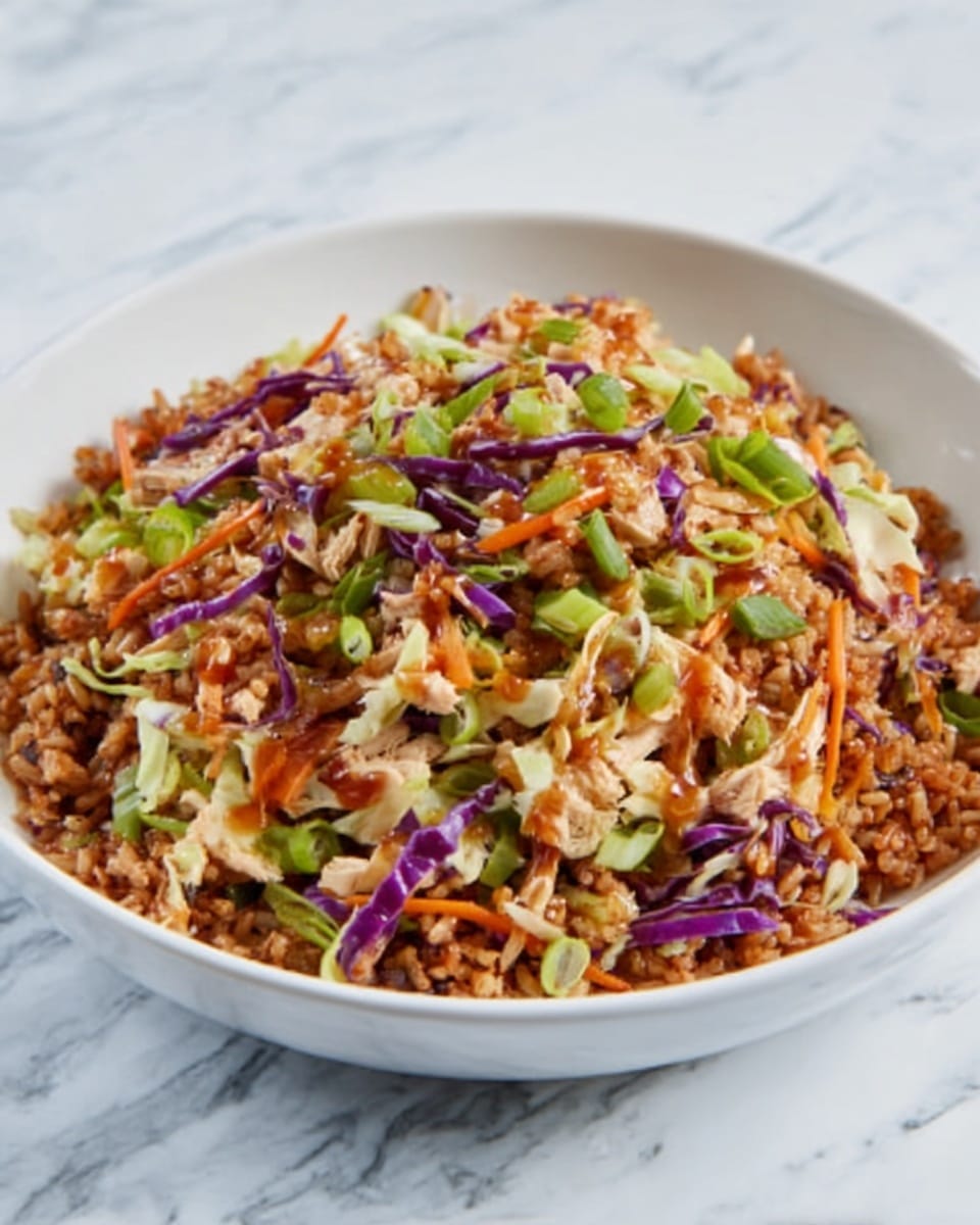 A white bowl filled with a vibrant mixed rice dish containing at least five layers of ingredients: a base of reddish-brown fried rice grains, scattered pieces of shredded light beige chicken, finely chopped green onions spread unevenly throughout, thin orange carrot strips adding a bright touch, and thin purple cabbage slices providing contrast on the top. The textures vary from soft rice to slightly crunchy vegetables with a light drizzle of sauce visible, making the dish look fresh and colorful. The bowl sits on a white marbled surface. Photo taken with an iphone --ar 4:5 --v 7